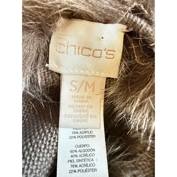 Chico’s Faux Fur Trim Knit Poncho Taupe Brown Cozy Chic Fall Layer S/M - Picture 3 of 9
